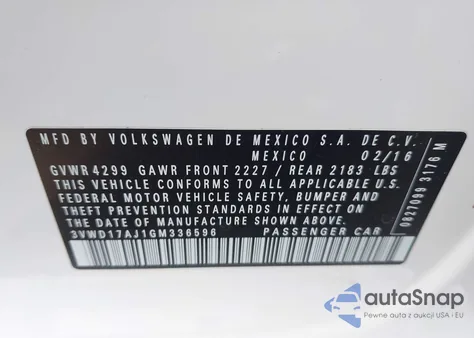 2016 Volkswagen Jetta 1.8T Sport z USA, uszkodzony, nr VIN 3VWD17AJ1GM336596